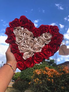 a heart shaped box filled with red and white roses in front of a blue sky