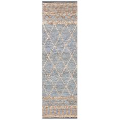 a blue and beige runner rug on a white background