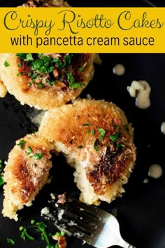 crispy ricotta cakes with pancetta cream sauce on a black plate with a fork