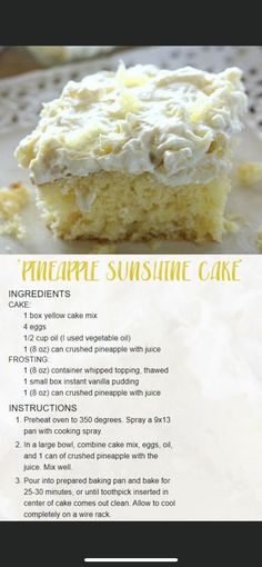 a recipe for pineapple sunshine cake on a plate