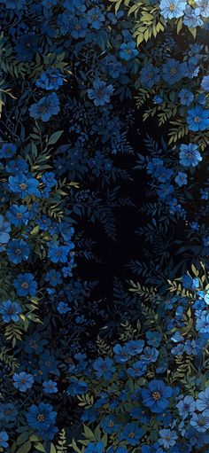 blue flowers and green leaves on a black background