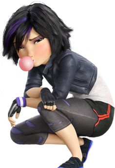 a woman with black hair blowing a bubble while sitting on top of a skateboard