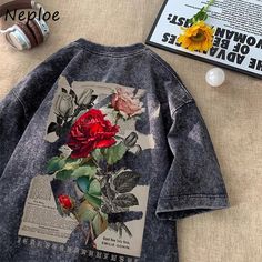 Neploe Vintage Rose Print O-neck T-shirts Y2k Short Sleeve Loose Tee Shirt 2024 Summer New Black Korean Shorts, T Shirt Painting, Y2k Shorts, Rose T Shirt, Loose Tees, Streetwear Men, Short Sleeve Tops, T Shirt Oversized, Men T Shirt