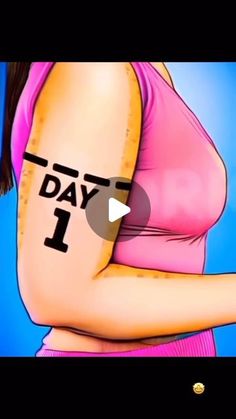 an animated image of a woman with the words day 1 written on her arm and chest