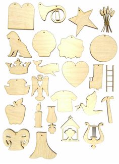 wooden cutouts with different shapes and sizes for crafts, such as ornaments or decorations