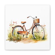 a watercolor painting of a bicycle in the grass