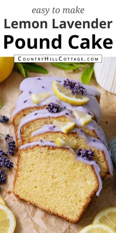 lemon lavender pound cake with purple icing on top and sliced lemons in the background