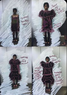 four different pictures of a woman in black and white dress with pink writing on it