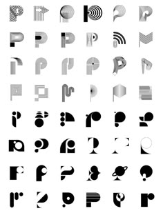 an assortment of different shapes and sizes in black and white, including the letter p