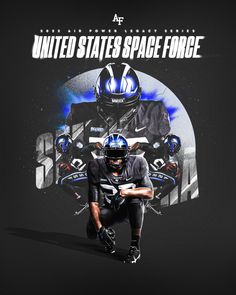 a football player kneeling down in front of a poster that says united states space force