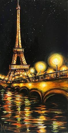 a painting of the eiffel tower lit up at night with lights reflecting in the water