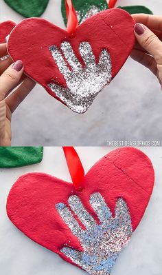 someone is making an ornament out of felt and glue to make it look like a handprinted heart