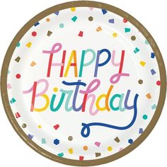 a happy birthday paper plate with confetti and sprinkles on it