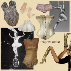 several different types of clothing and shoes with words that say, trapeze artist