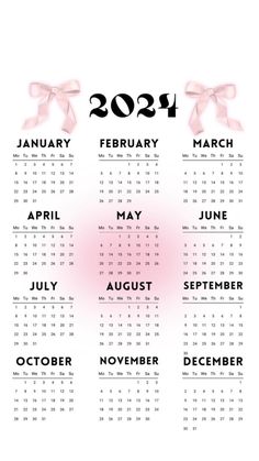 a calendar for the new year with pink bows and ribbons on white background stock photo