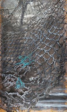 an abstract painting with blue and black lines on the bottom, in front of a brown background