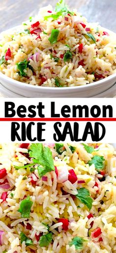 rice salad in two bowls with the words best lemon rice salad on top and bottom