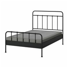 STJÄRNÖ bed frame, anthracite/Lyngör dark gray, Full. STJÄRNÖ is a classic bed frame with decorative details that add a twist to the steel design – and LYNGÖR mattress base gives extra height and helps your mattress keep its shape for longer. Top frame/ Bottom headboard rail/ Headboard leg/ Footboard/ Bottom footboard rail/ Bedside/ Foot ring: Steel. Sagstua Bedroom, Tv Discrete, Bed Textiles, Ring Steel, Bed Base Frame, Mattress Base, Organized Bed, High Headboard, Laminated Veneer Lumber