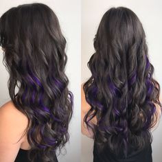 Dark Brown Hair With Purple Tips, Dark Brown Hair With Purple Streaks, Purple Extensions In Brown Hair, Purple Hilights On Brown Hair, Dark Brown Hair With Purple Peekaboos, Dark Brown Hair With Purple Underneath, Purple Highlights Brown Hair Peekaboo, Dark Purple Highlights Brown Hair, Brown Hair With Purple Underneath