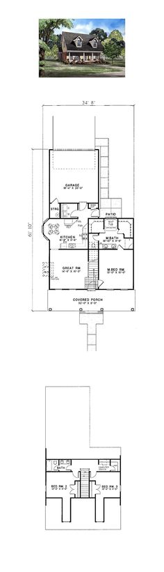 two story house plans with garage and living room on the first floor, second level