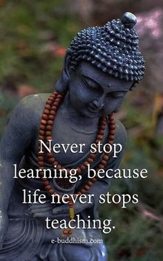 a buddha statue with the quote never stop learning, because life never stops teaching