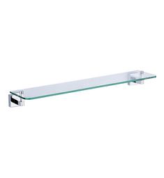 glass shelf with chrome finish and metal brackets on the bottom, against a white background