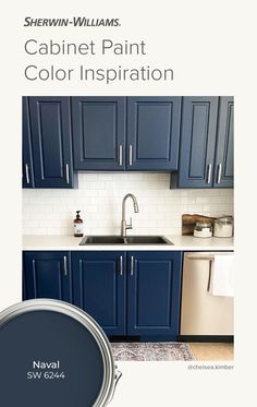 a kitchen with blue cabinets and white walls, the color is sherylin - williams's cabinet paint