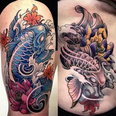 two pictures of different colored tattoos on each side of the stomach, one with a fish and flowers in it