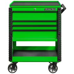 a green tool cabinet with four drawers and wheels on the front, side by side