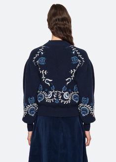 The Inga embroidered sweater features floral embroidery, extended shoulder silhouette and voluminous long sleeves. Details: self-96% wool, 3% nylon, 1% spandex combo-100% polyester embroidery-100% polyester slip on designed for a relaxed fit style #AW24-029 model is 5'10'' and wearing a size S Sleeves Details, Designer Knitwear, Knit Alpaca, Embroidered Sweater, Engineered Garments, Kids Sleepwear, Fit Style, Denim Shop, Women Pullover