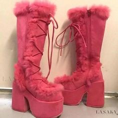 Lasaky - Chic High Heel Platform Boots with Fluffy Fur for Fashionable Women Chic High Heels, Fur Heels, Rough Heels, Heel Boots, Mid Calf Boots, Platform Boots, High Heel Boots, Chunky Heels, Winter Women