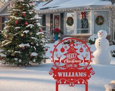 a snowman is standing in front of a christmas tree and a sign that says merry christmas from the williamss