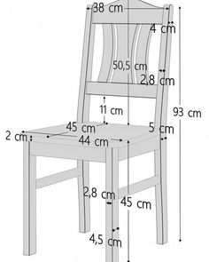 a wooden chair with measurements for the seat