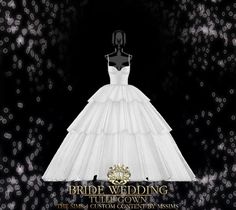 a white wedding dress on display in front of a black background with gold lettering that reads, bride wedding the gown