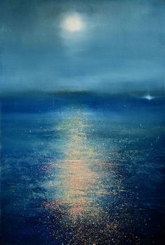 an oil painting of the ocean at night