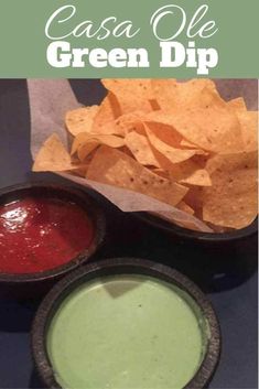 salsa olee green dip with tortilla chips on the side and text overlay