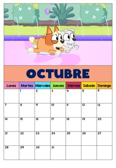 a calendar with the month of october in english and spanish, featuring an image of a dog