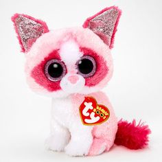 a pink and white stuffed animal with big eyes on it's face, sitting against a white background