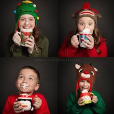 four different pictures of a child holding a cup and wearing christmas hats, drinking from a mug