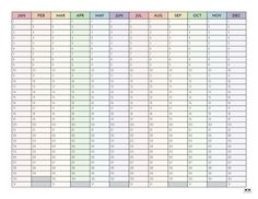 a printable calendar with the dates for each month and months on it's side