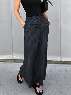 DETAILS Composition: 100% Polyester Design: Plain Style: Casual Thickness: Regular Sheer: No Material: Woven Fabric Occasion: Leisure Striped Maxi Skirt, Split Long Dress, Long Skirt Outfits, Jeans Overall, Striped Maxi Skirts, Jeans Cargo, Plain Style, Printed Maxi Skirts, Maxi Dress Navy