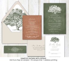 the wedding stationery is shown in green and brown