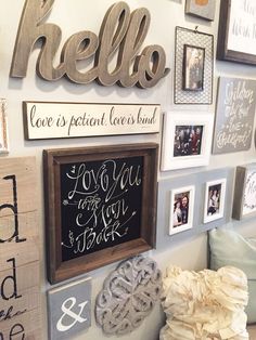 the wall is covered with many different types of pictures and letters, including one that says hello love is patient leaves band