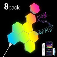 an advertisement with music notes and colorful hexagons on it, including the phone