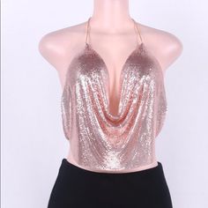 Sexy Backless Sequined Top Rose Gold 7 Color Choices: Gold, Silver, Black, Rose Gold, Pink, White & Orange One Size Fits Most Small-Xl Spring Party Low-cut Tank Top, Pink V-neck Tops For Party, Trendy Backless Tube Top For Party, Party Low-cut Crop Top With Built-in Bra, Flirty Halter Neck Crop Top For Party, Pink Stretch Tank Top For Party, Spring Party Low-cut Crop Top, Low-cut Party Top With Built-in Bra, Party Tops With Built-in Bra And Low-cut Design