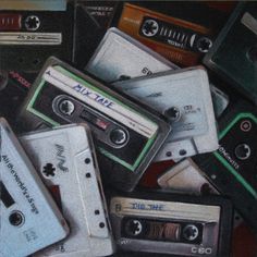 a painting of cassette tapes and tape recorders