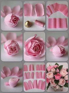 pink flowers are being made with different types of yarn and ribbons, including roses in the middle