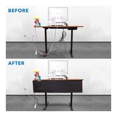 two images side by side showing the before and after of a computer desk