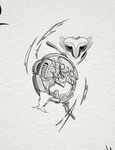 a drawing of a clock with an owl on it's face and another bird in the background