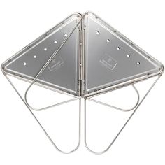 a triangle shaped metal object with holes in the center and two sides on each side